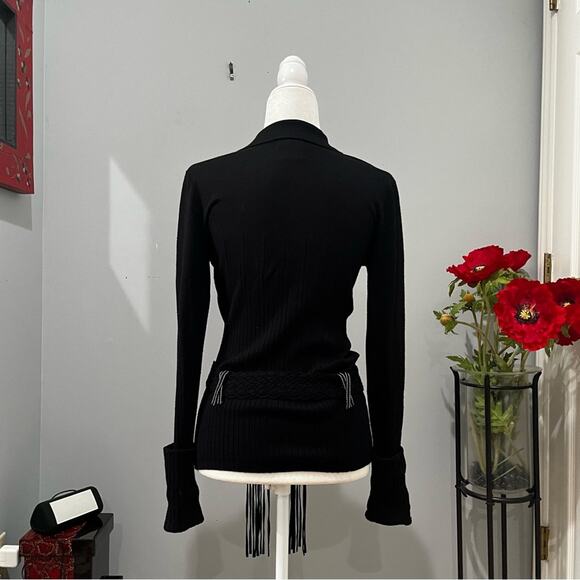 NEW Willi Smith Ribbed Boho Fringe Belted Contrast Longline Collar Sweater Top S - Picture 2 of 13